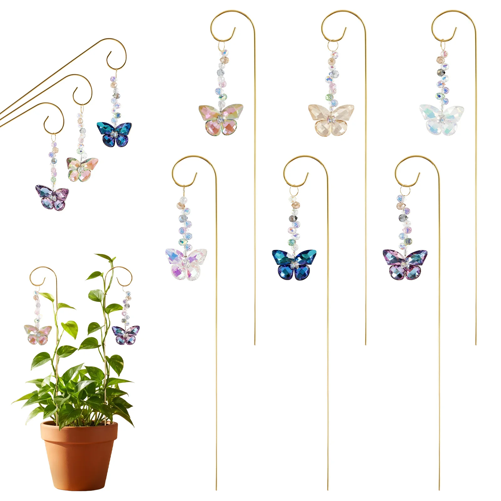 6Pc Colorful Imitation Crystal Suncatcher Plant Stake Decorative Imitation Crystal Trellises Potted Plant Climbing Plant Support