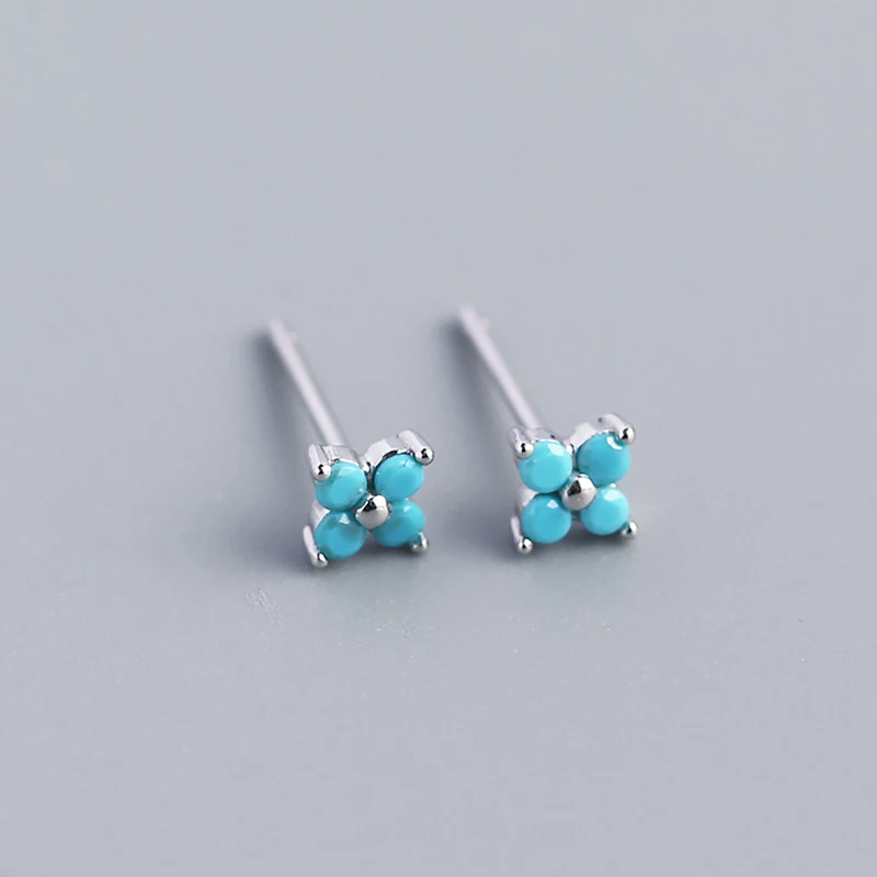 925 Sterling Silver Ear Needle Fashionable Literary and Fresh Geometry Silver Blue Turquoise Round Earrings Pendant Ear Jewelry