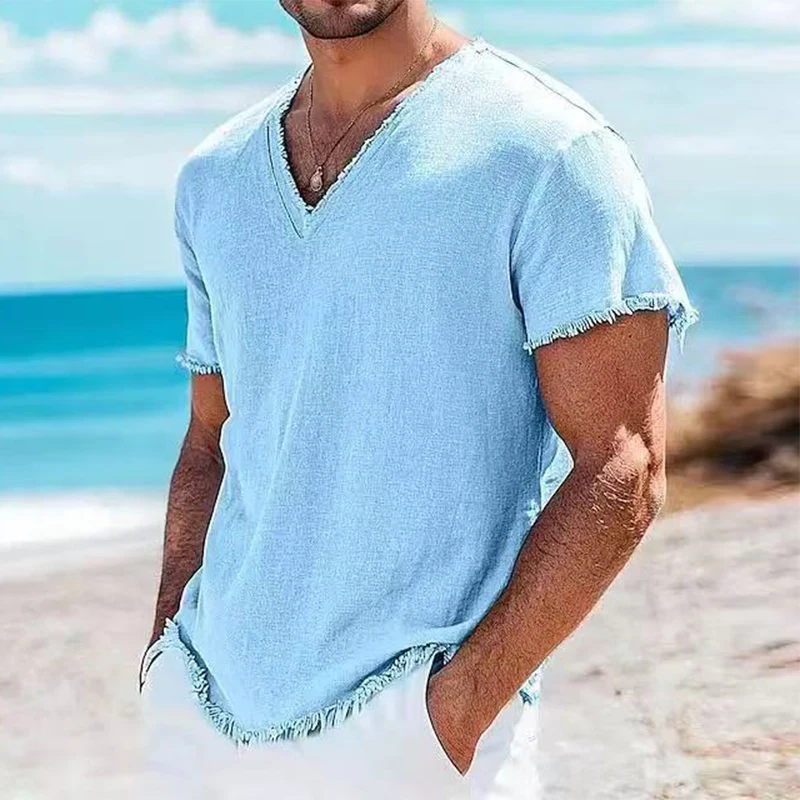 

Seaside Beach Casual Men's Linen T Shirts Summer Fashion Solid Color Breathable T-shirt Mens Outdoor Vintage V Neck Ripped Tops
