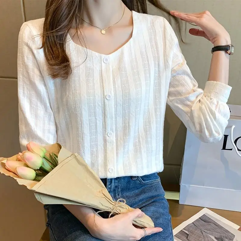 French Blouse 2024 Spring Autumn New Women\'s Square Collar Button Solid Color Screw Thread Stylish Loose Long Sleeve Shirt Tops