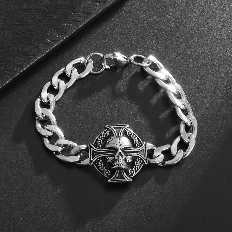 Exquisite style Stainless Steel Skull Cross Bracelet for Men and Women Christian Retro Hip-Hop Jewelry