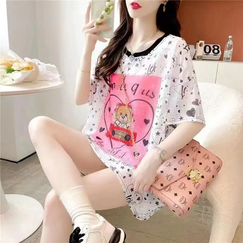 Summer Thin Streetwear T-shirt Fashion Letter Cartoon Printed Female Clothing Loose Backless Patchwork Chic Diamonds Pullovers