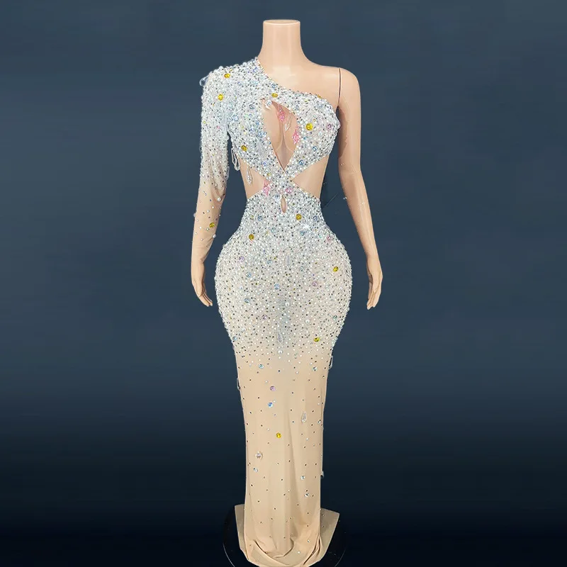 Robe de Soirée Sirène Luxueuse en Strass, Tenue Moulante, Élégante, Asymétrique, Épaule Dénudée, pour ixd'Anniversaire, Bal de Mariage