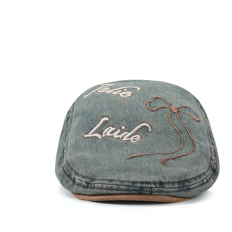 Fashion Boina Washed Denim Jeans Beret Bow Embroidered Artist Baret Peaky Blinders Bere Women hat Forward Cap