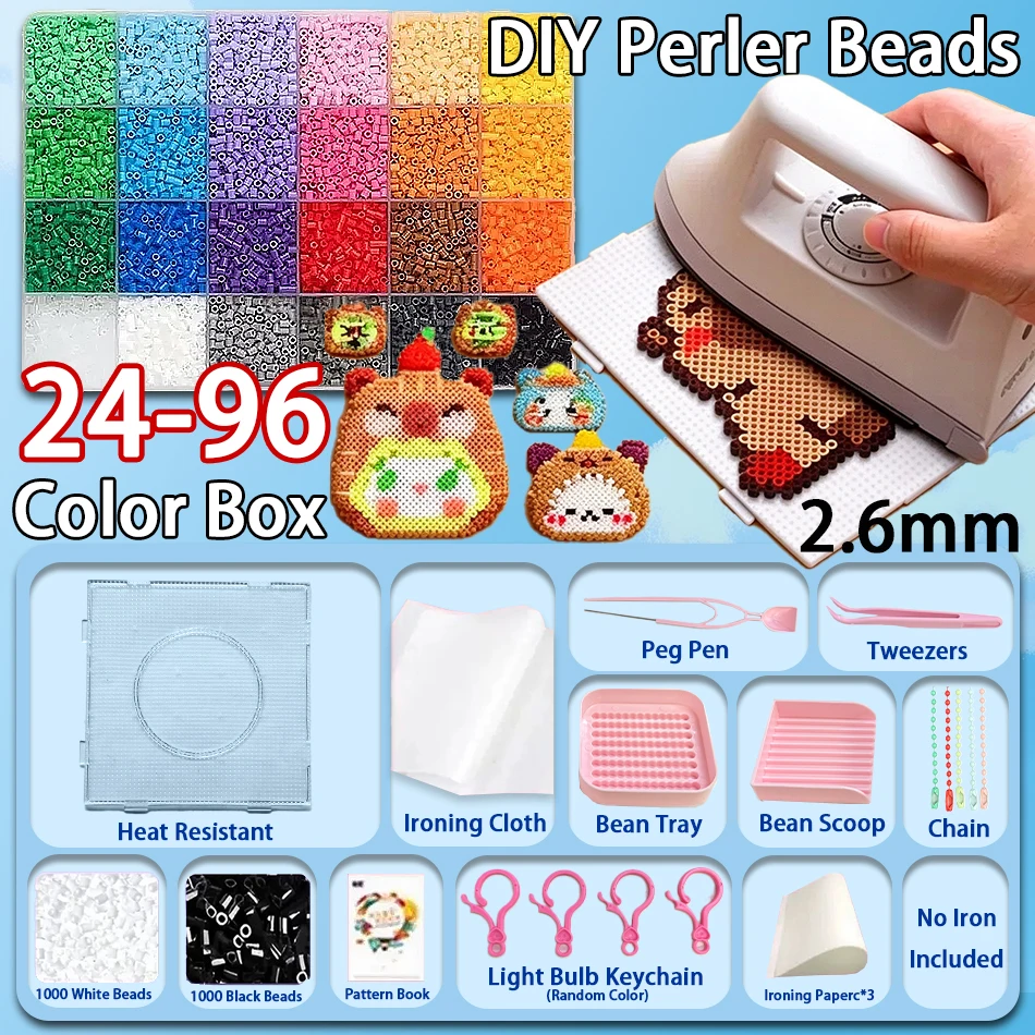 24/48/72/96 Color Hama Beads Box Embalagem Thermal Mosaic Ferro Educação Beads, Ironing Beads Fuse Beads Brinquedo DIY 2.6MM