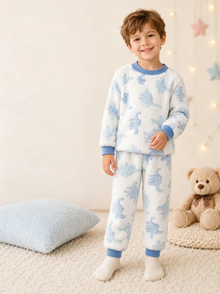 Autumn Winter Kid Flannel Pajama Set Baby Boy Girl Cute Dinosaur Cloud Long Sleeve Tops+Pants 2PCS Children Thick Warm Sleepwear