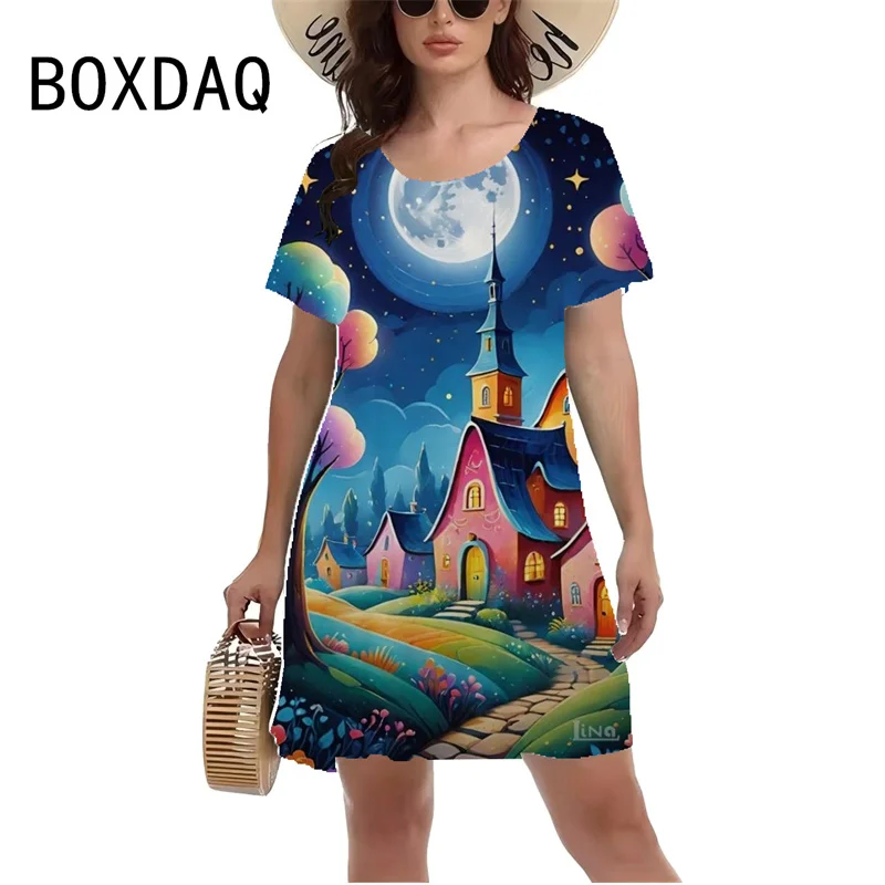 3D Funny Girl Starry Sky Pattern Printed Dress Vintage Elegant A-Line Dress Women Summer Short Sleeve Casual Loose Mini Dress