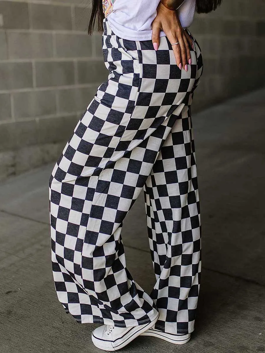 Womens Checkered Wide Leg Pants High Elastic Waisted Straight Loose Fitted LoungeTrouser Y2k Korean Streetwear