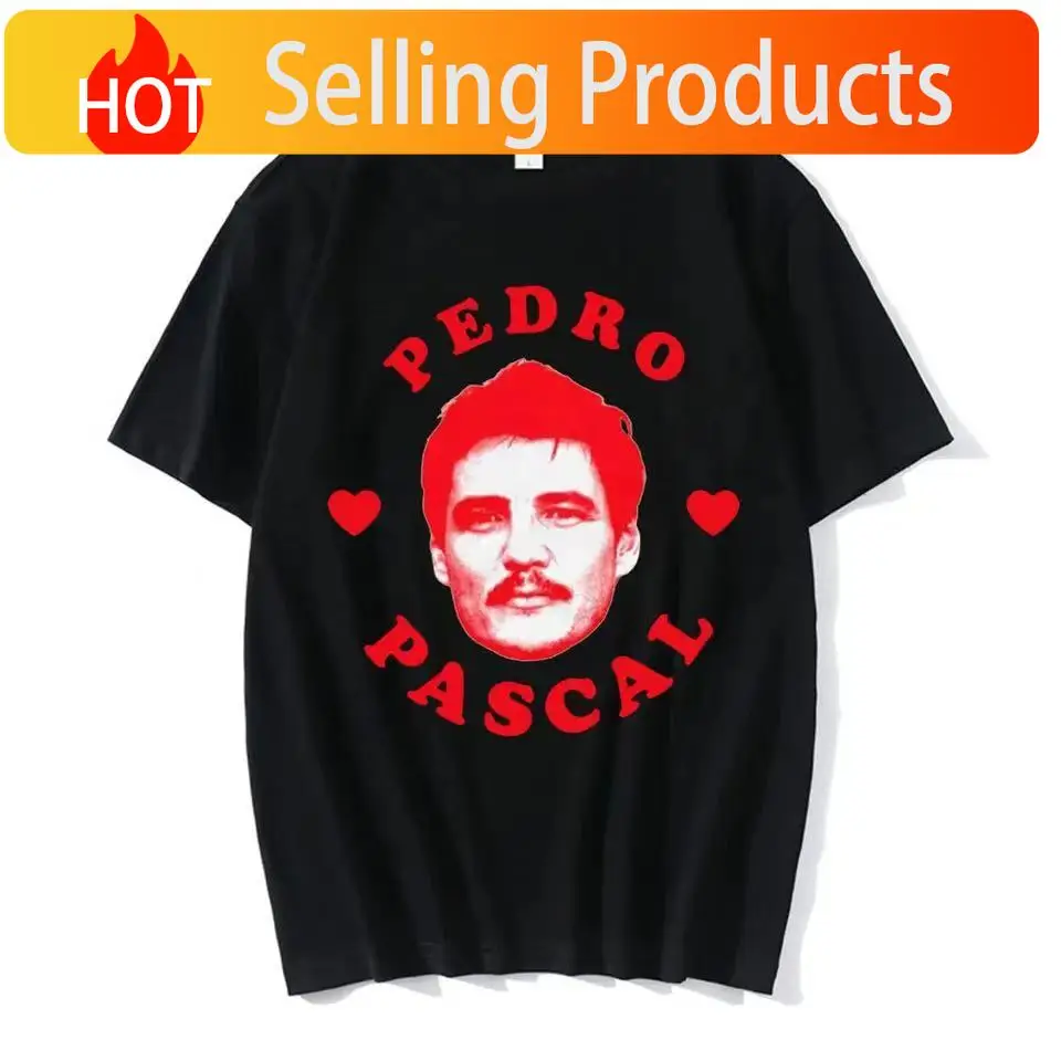 I Heart Pedro Pascal T Shirts I Love Pedro Pascal Movie TV Actor T-Shirt Men's  Cotton Short Sleeve Gothic T Shirt 80107