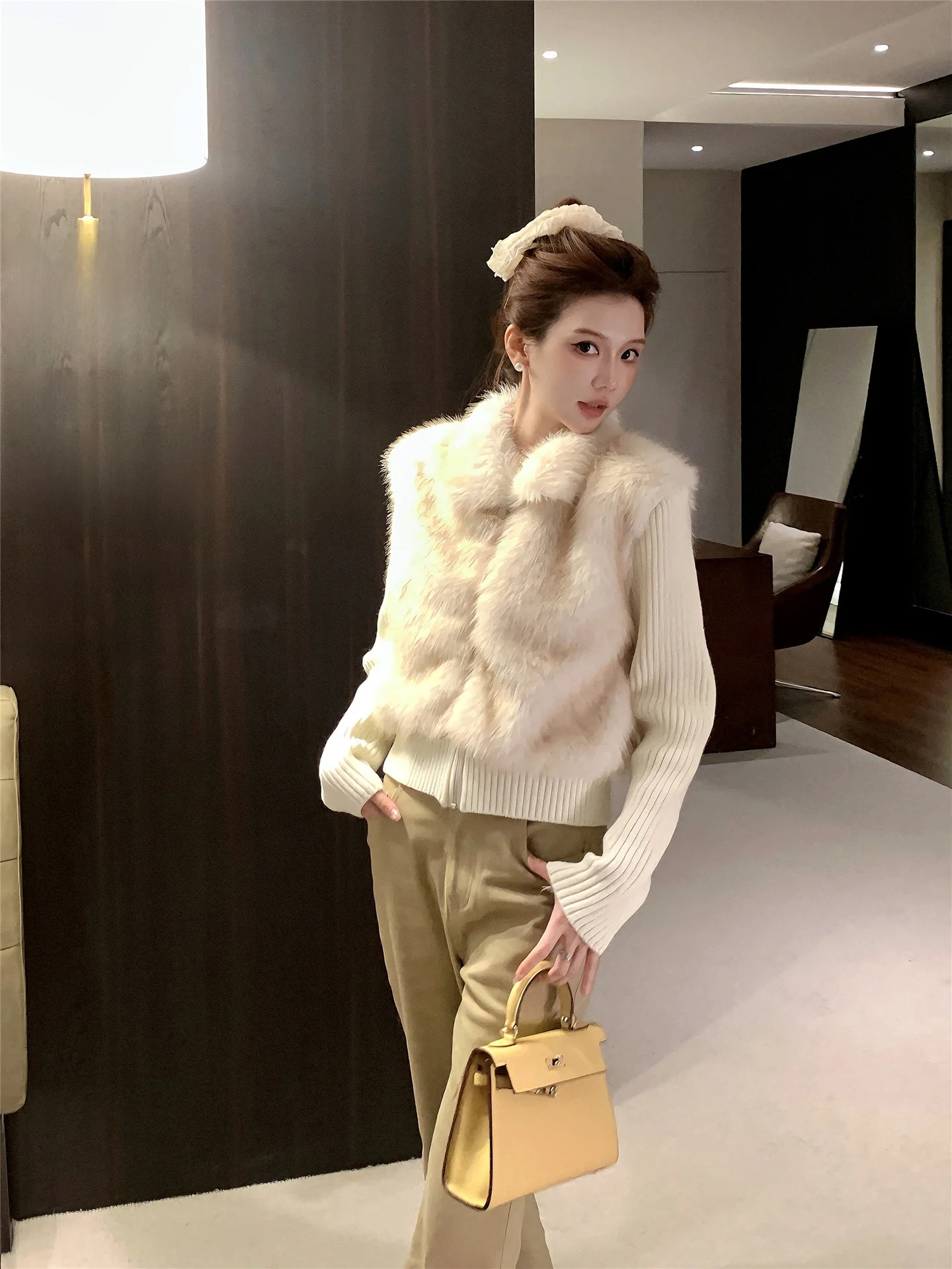 

Осенне-зимний свободный женский жилет-свитер с искусственным мехом, теплый, однотонный, для повседневной носки