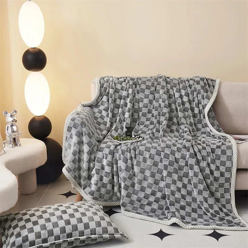 Checkerboard Faux Rabbit Fur Velvet Blanket Office Air Conditioning Leisure Blankets Sofa Cover Winter Autumn Blanket Home Decor