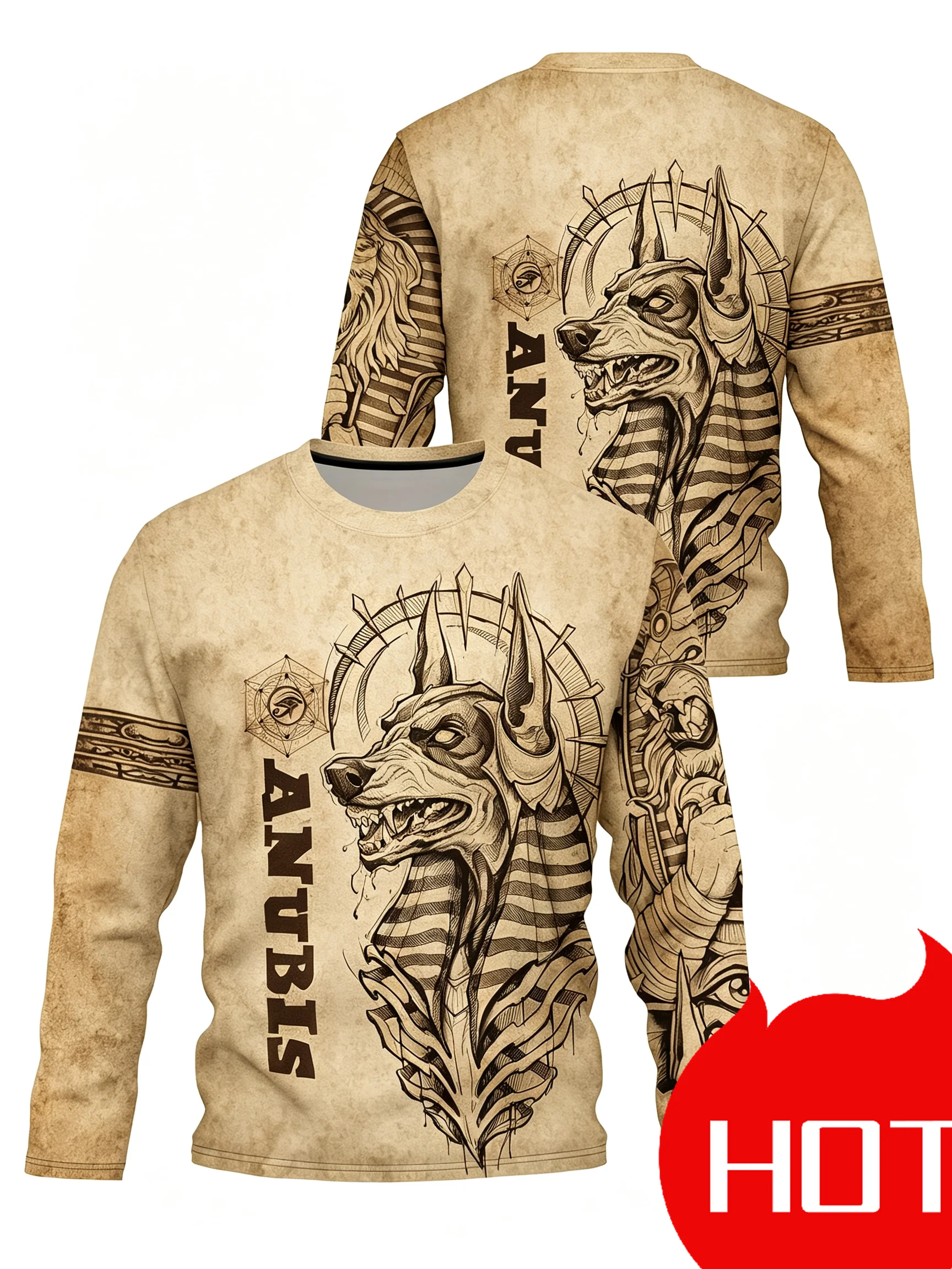 Men’s Long Sleeve Anubis Egyptian Print T-Shirt Regular Fit Crew Neck Casual Top for Street Daily Wear Pullover