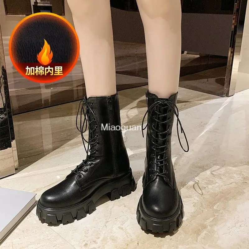 2023 Thicken Winter Knight Boots Women Square Heel Ankle Boots Retro Thick Motorcycle Boots Black White Botas Mujer Comfortable