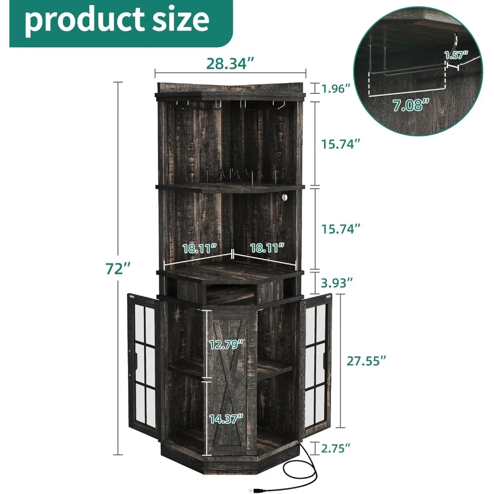 72 خزانة بار زاوية للمزرعة مع أضواء LED وباب زجاجي، خزانة مشروبات مع حامل زجاجي، كابينة بار الخمور من 6 طبقات