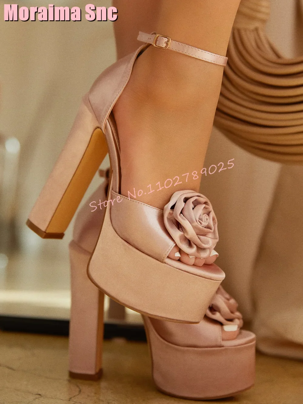 Platform Satin Flower Peep Toe Sandals Block Chunky Heel Ankle Buckle Strap Sexy Women Shoes Summer Fashion Champagne Solid 2023