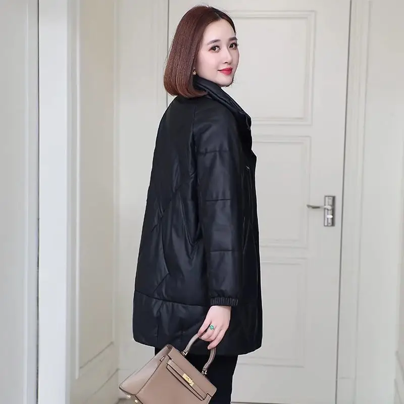 High Quality Women Down Cotton Leather Jacket Autumn Winter Thicken Warm Faux Sheepskin Leather Coat Female Long Parkas Overcoat