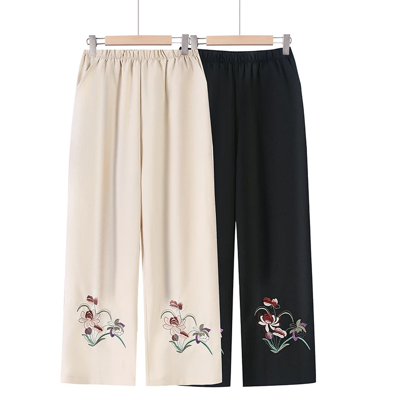 

Ele Embroidered High Waist Wide Leg Pants Casual Nine-Foot Length Women's Loose Fit Straight Cut Trousers for Middle-Aged...