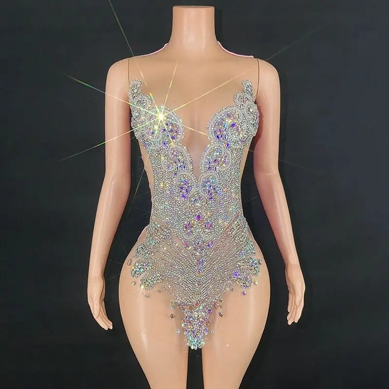

Mesh Perspective Sexy Hip-wrapped Short Skirt Full Of Rhinestones Super Flash Birthday Party Stage Host Evening Dress Abendkleid