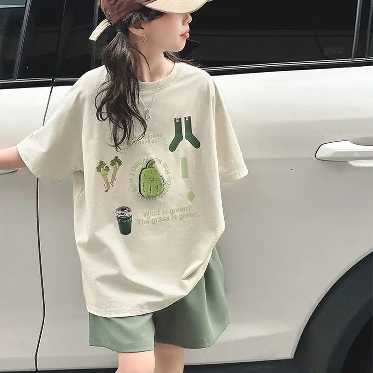 Summer Teenage Girls Clothes Set Children Lemon Fruit Printed T-shirts and Shorts 2pcs Suit Kid Top Bottom Outfits Tracksuits