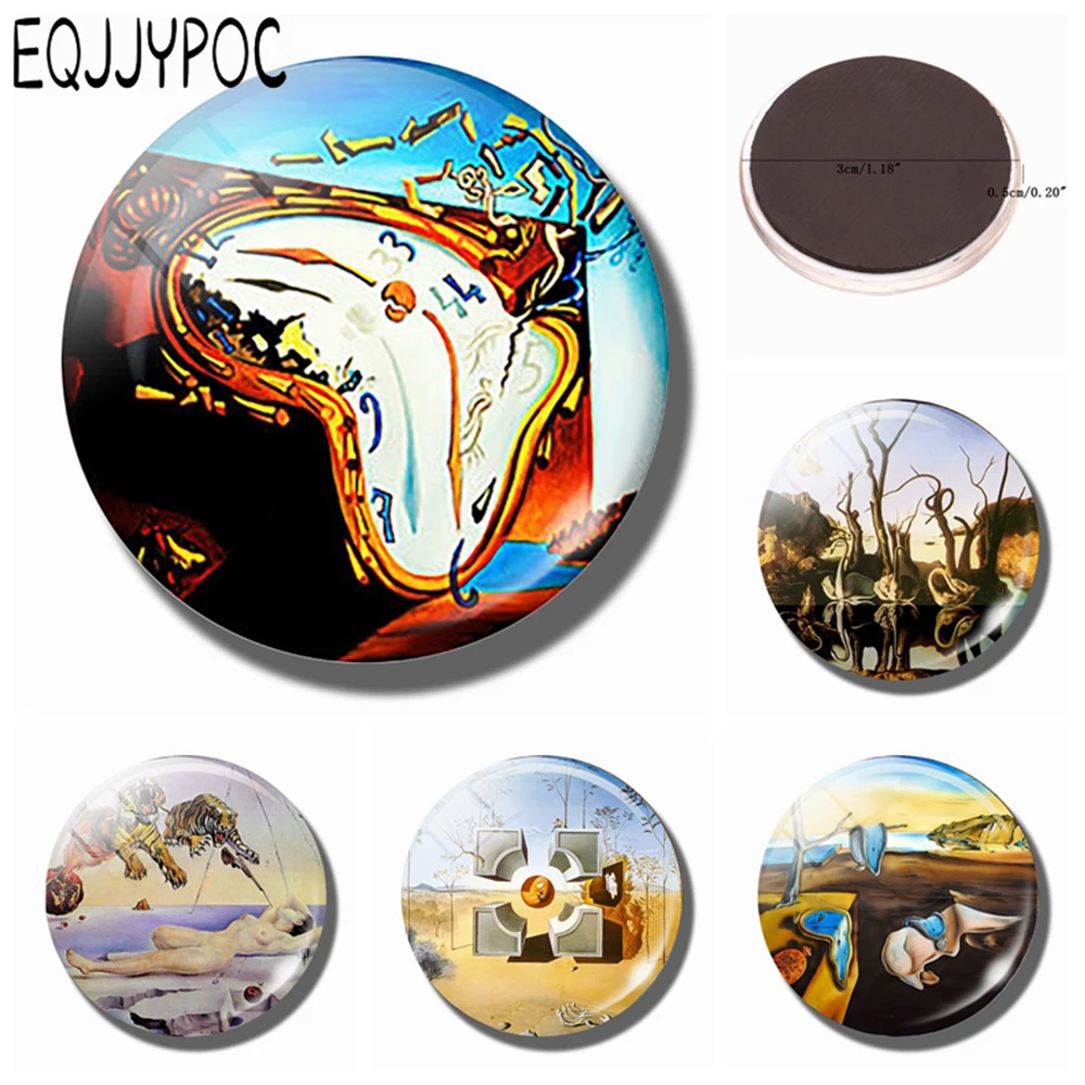 Salvador Dali Soft Watch 30 MM Fridge Magnet Explosion Art Glass Dome Magnetic Refrigerator Stickers Note Holder Home Decoration