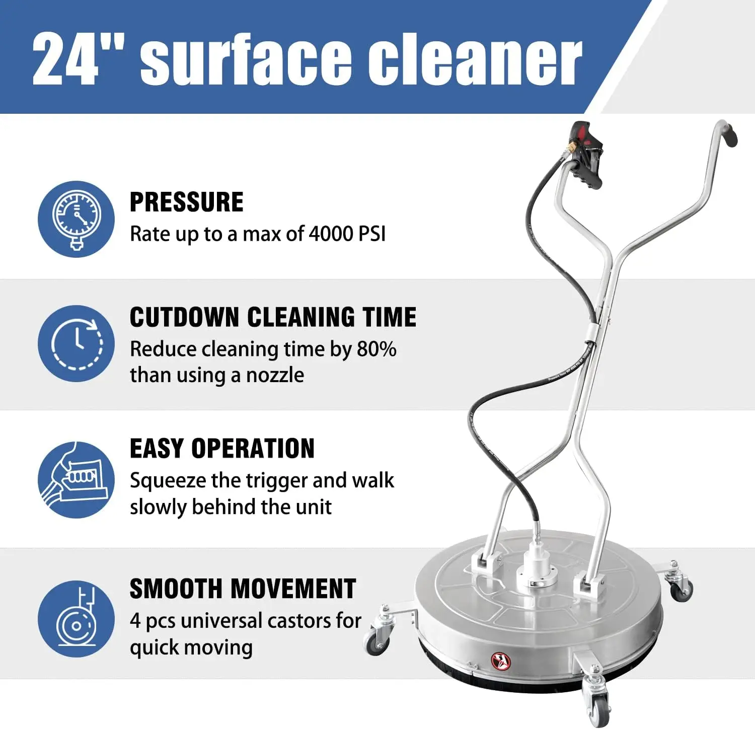 Washer Surface Cleaner with 4 Wheels,Dual Handle,Stainless Steel Housing, 4 Replacement Nozzle Cores and 2 Hose Adapters,Ideal f