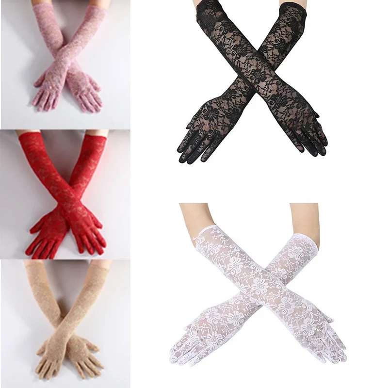 

40-50CM 5colors Universal Elegant Sexy Women's Elasticity Lace Edge Gloves UV Protection Arm Lace Pattern Arm Gloves Warmer