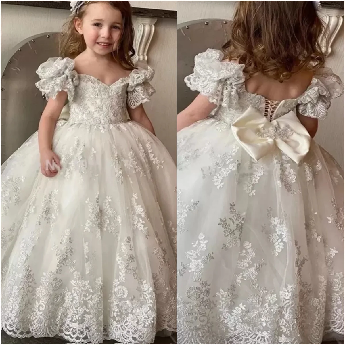 Vestidos blancos de flores para niña, apliques de encaje para boda, volantes, largo hasta el suelo, fiesta de cumpleaños para niños, vestidos de primera comunión