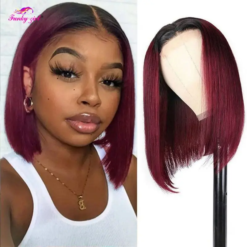 

Straight 1B/99J 13x4 Lace Front Bob Wigs Brazilian Virgin Hair Pre Plucked With Baby Hair Natural Hairline 1B/99J Bob Hair Wigs