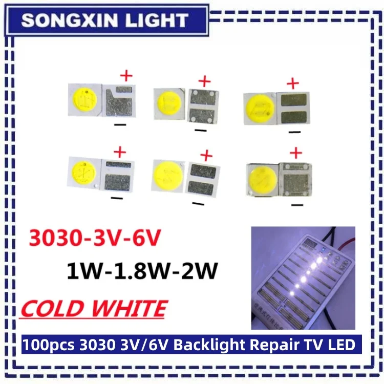 100pcs 3030 Backlight High Power LED DOUBLE CHIPS 1w 1.5W 2w 3V-3.6V 6v 9V lextar JUFEI AOT Cool white PT30A66 TV