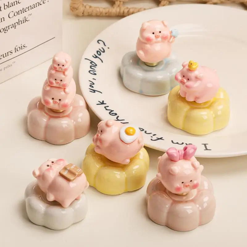 Creative Resin Pink Pig Figurine Stackable: Rotating Bearing Flower Base Desktop Ornament