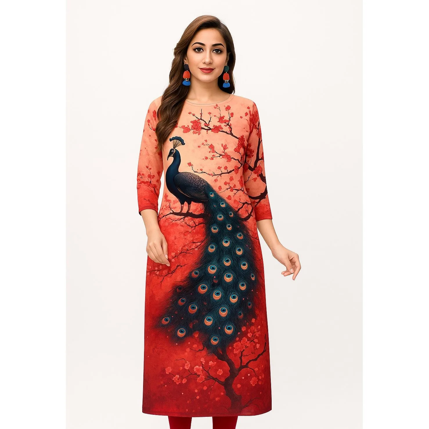 Muslim Dress Kurt Fashionable Elegant National Style Straight Tube Casual Slit Hem Elephant Peacock Pattern Women Dress Abaya