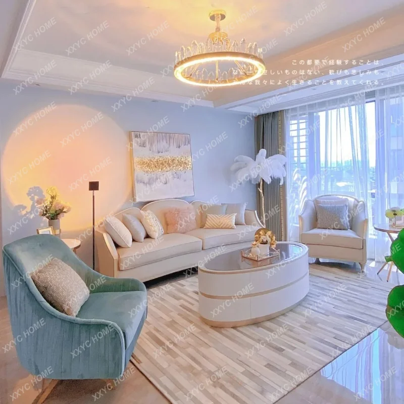 XXSolid wood petal sofa small apartment living room simple fabric three-person sofa combination