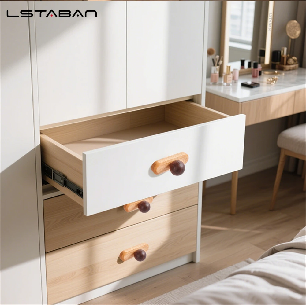 Walnut Cabinet Handles Modern Minimalist Wardrobe Pulls Round Wooden Knobs for Drawers Kitchen Luxury Handcrafted Hardware
