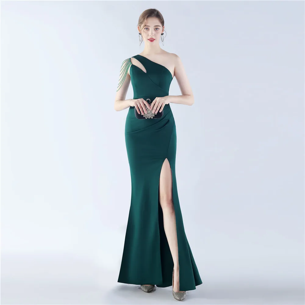 

Red Wedding Elegant One Shoulder Bodycon Prom Dress For Women Sexy Beaded Sleeveless Split Evening Party Dresses Vestidos Gowns