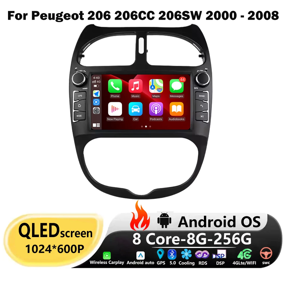 Android 16 Auto Carplay For Peugeot 206 206CC 206SW 2000-2008 Car Radio Multimedia Video Player GPS Navigation Head Unit 4G WIFI