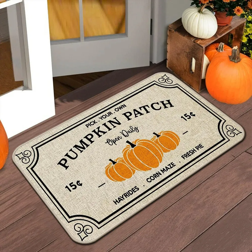 Pumpkin Patch Vintage Label Entrance Mat Fall Pumpkin Graphic Rug Retro Autumn Harvest Decor Mat for Front Door Entryway