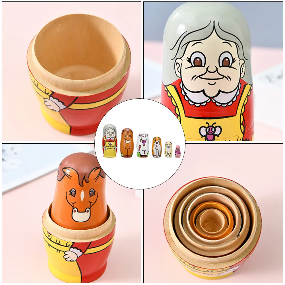 6Pcs Wooden Matryoshka Nesting Set Colorful Hand-Painted Cartoon Russian Grandmother Pattern Decorative Ornament for Kids