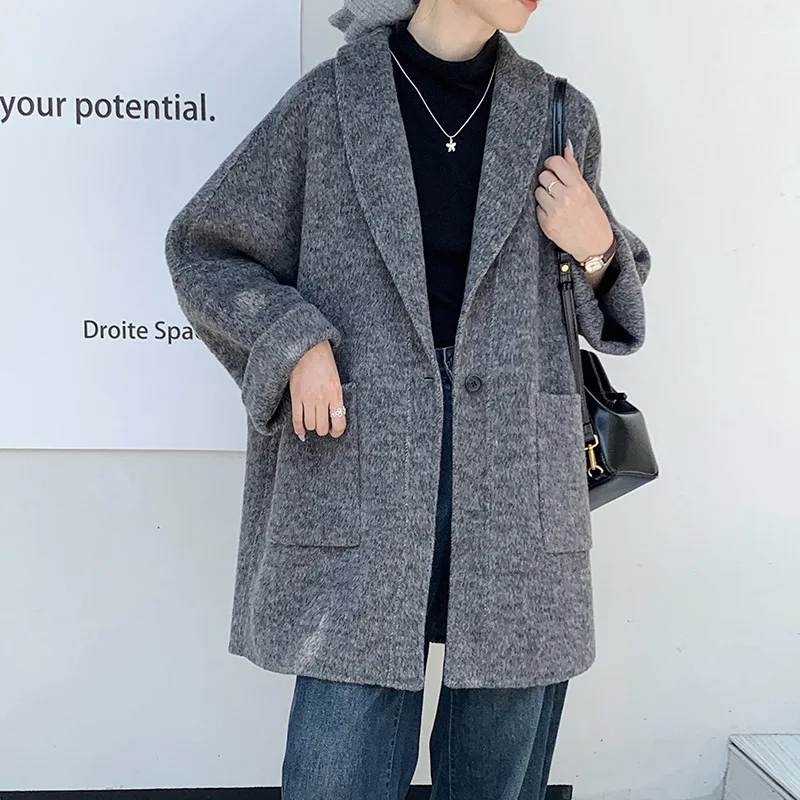 

SuperAen 2026 Autumn and Winter New Lapel Double-sided Cashmere Coat for Women Mid-length Korean-style Simple Loose Woolen Coat
