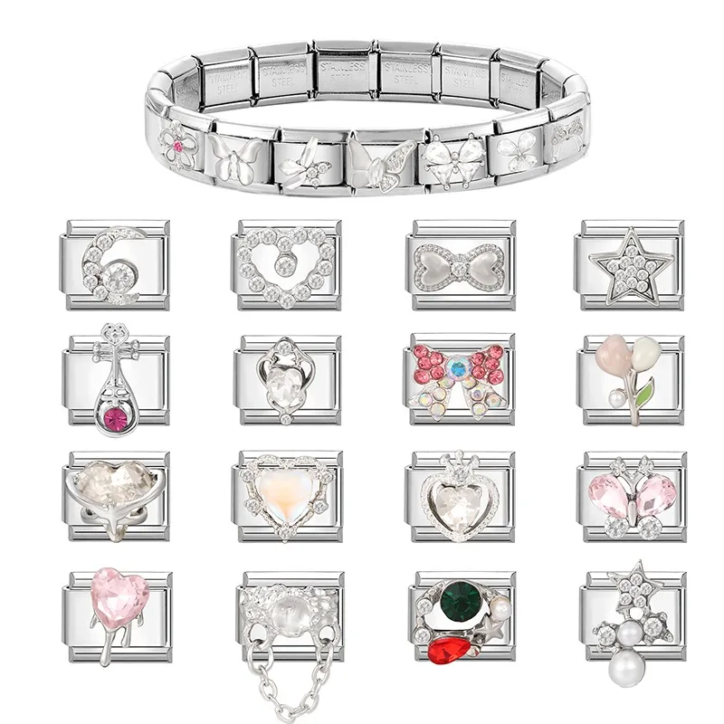 Brilliant Zircon Love Heart Bow Butterfly Stars Italian Charm Links Fit 9mm Stainless Steel Bracelet Women Jewelry DIY Making image 2