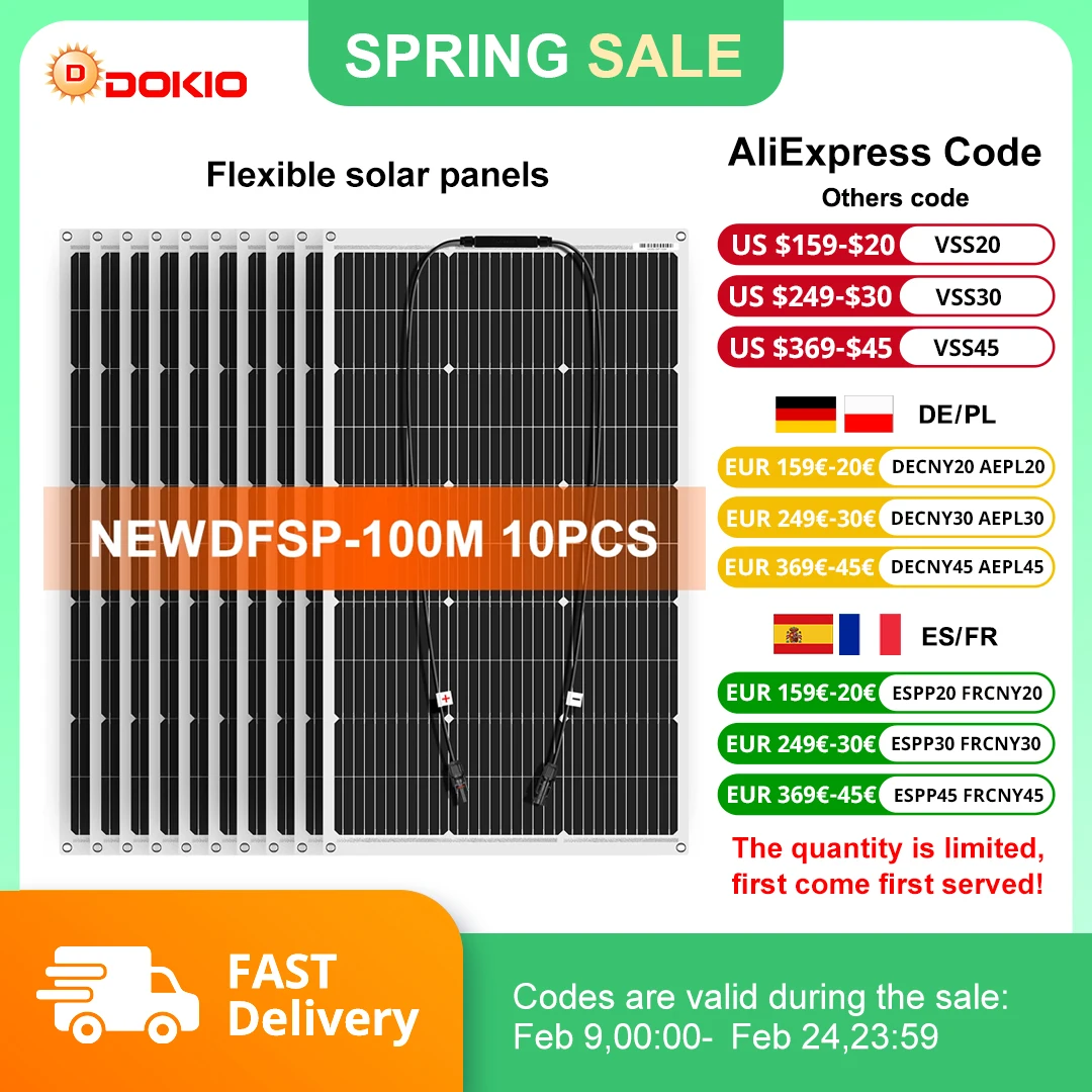 

Dokio 18V 10pcs 100W Flexible Solar Panel Monocrystalline Solar Panel For Car/Home Waterproof Charge 12V 1000W Solar Panel