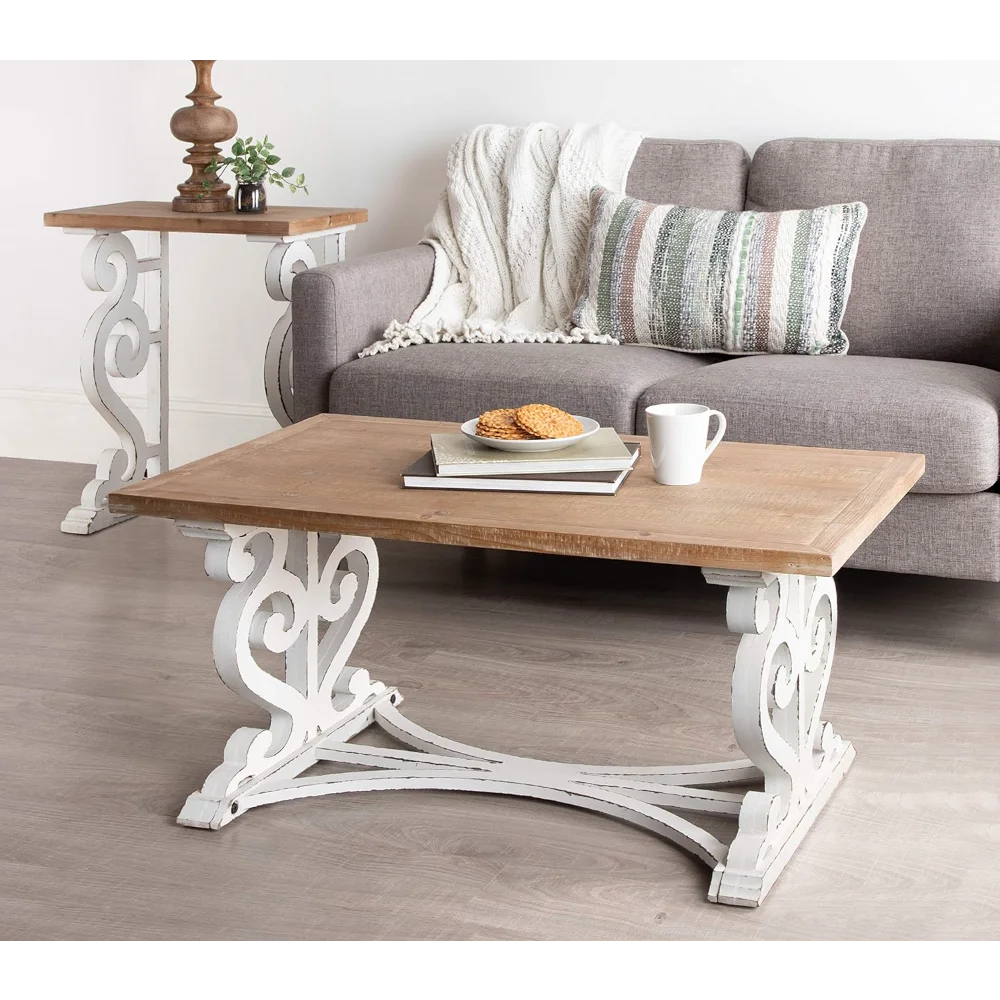 38"×23"×18"H Distressed Brown & White Coffee Table - Rustic Carved Farmhouse-Inspired Living Room Decorative Center Table