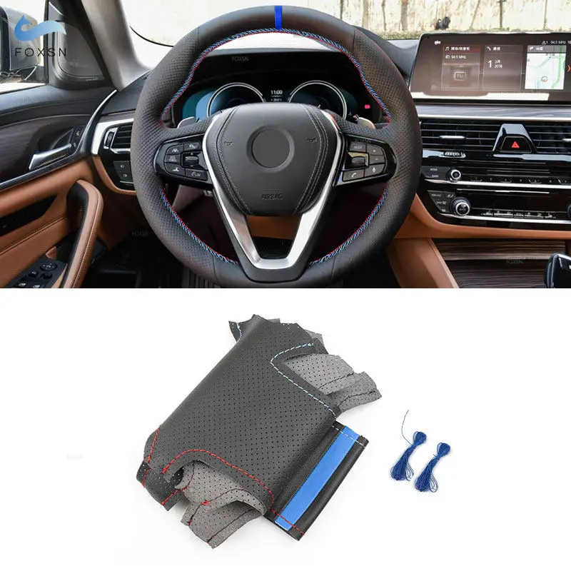 For BMW G30 G31 G32 G11 G12 G20 G21 X3 G01 X4 G02 X5 G05 X7 G07 G29 Hand-stitched Car Steering Wheel Cover Leather Trim blue bar