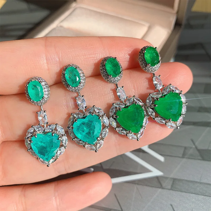 

Vintage Heart Paraiba Tourmaline Emerald Gemstone Drop Earrings For Women Silver Wedding Fine Tassel Jewelry Valentines Day Gift