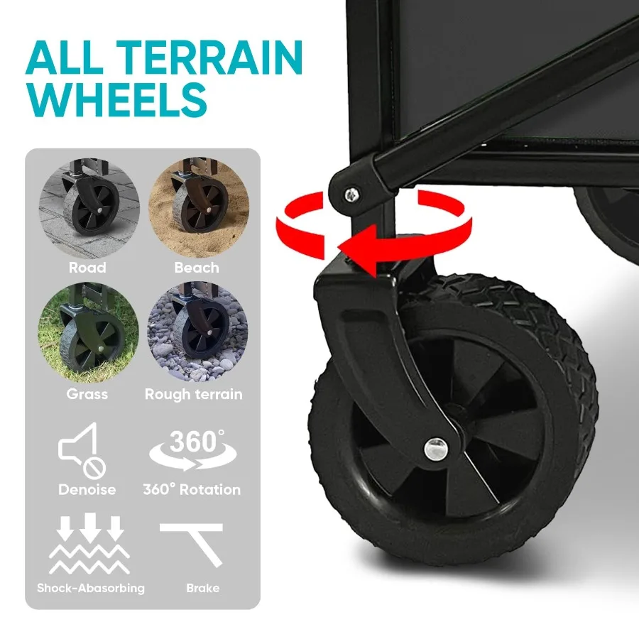 عربة شاطئ قابلة للطي وقابلة للطي بسعة كبيرة وعربة قابلة للطي شديدة التحمل ومحمولة للرياضات الخارجية والتسوق والتخييم باللون الأسود