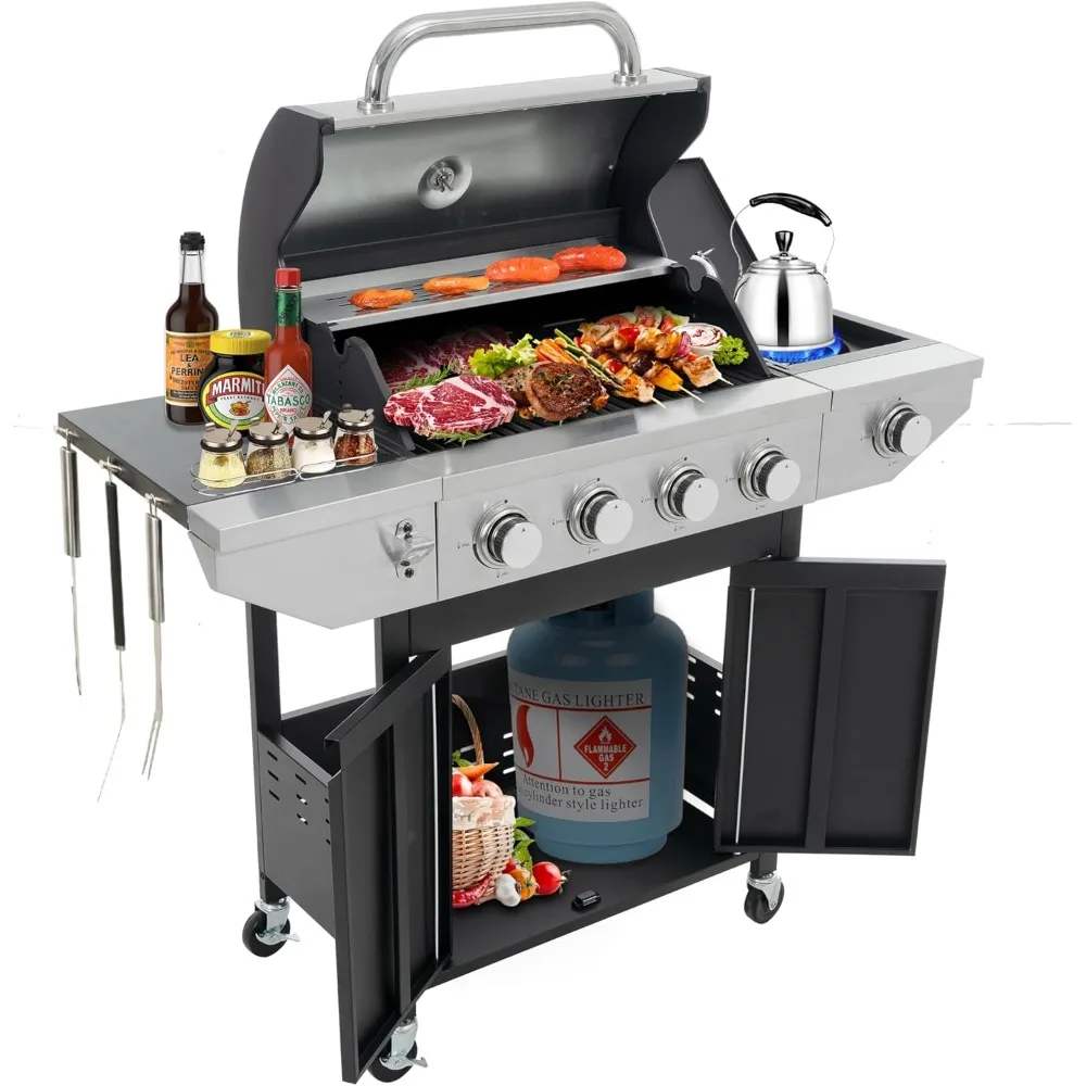 

4 Burner Propane Gas Grill with Side Burner, Output Stainless Steel BBQ Grill 46,700 BTU for Outdoor Cooking Kitchen, Garden an