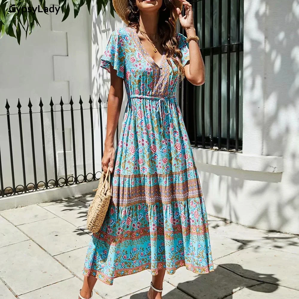 GypsyLady Floral Printed Maxi Dress Vintage Boho Summer Holiday Women Dresses Casual Chic Tie Lace Up Ladies Beach Female Dress