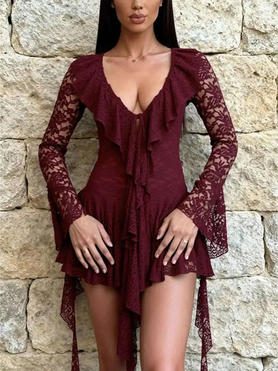 

Women Gothic Lace Deep V Neck Flared Sleeve Asymmetric Ruffle Hem Mini Dress