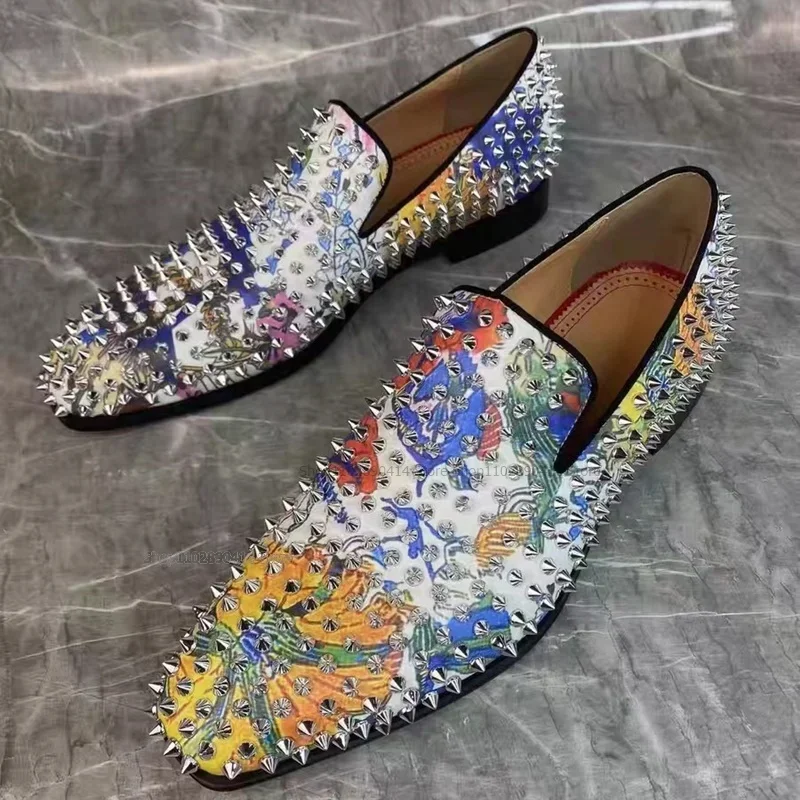 

Mixed Color Hand Shaped Graffiti Rivets Decor Loafers Fashion Comfort Slip On Men Shoes Novel Handcraft Party Men Casual Shoes