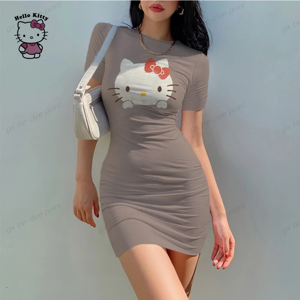 Olá Kitty Print Bodycon Vestido, Vestido Midi, Boho manga curta, O Neck, Magro, Saia embrulhada, Verão, Mini vestido, Magro, Venda quente