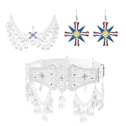 Silver Plated Assyrian Belt Hair Accessories Earrings for Women Kurdish Assyria Ethnic Colorful Flag Leaf Tassel Jewelry Sets
